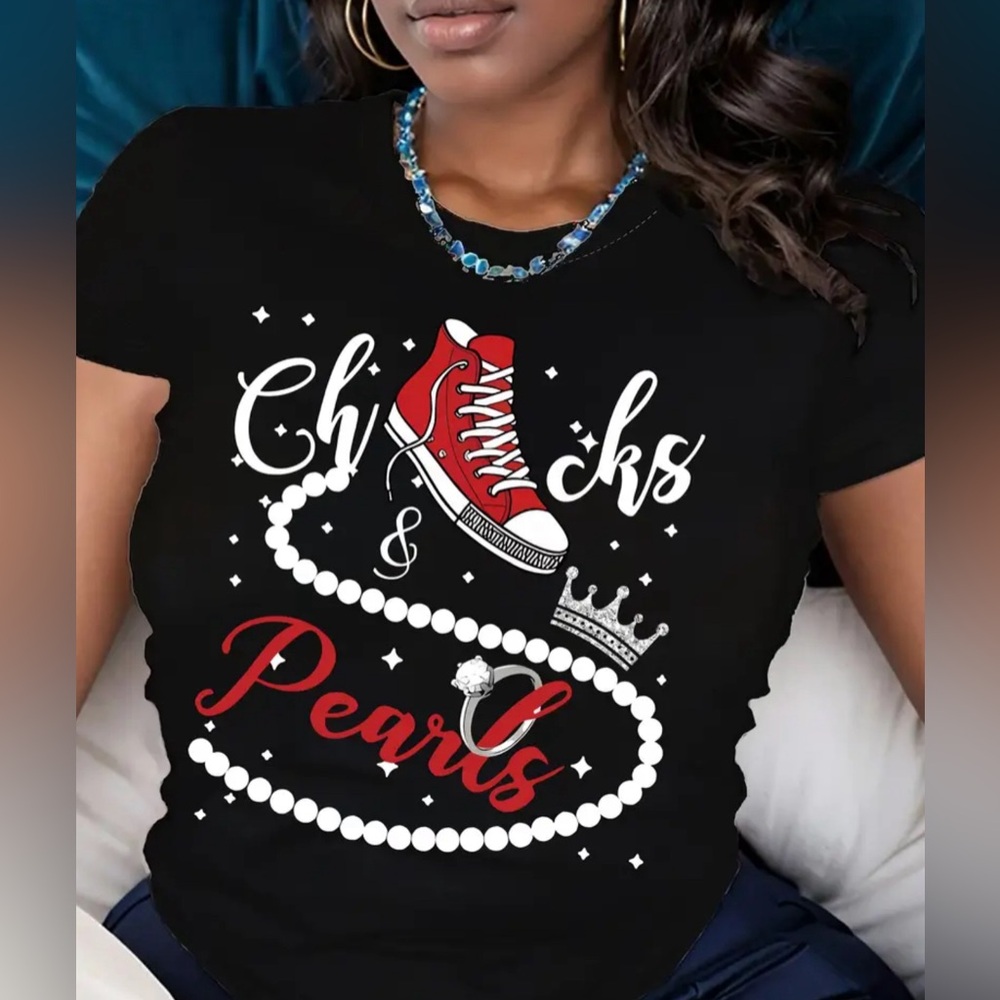 Vibrant Chucks & Pearls Graphic Print Crew Neck T-Shirt - Soft, Breathable